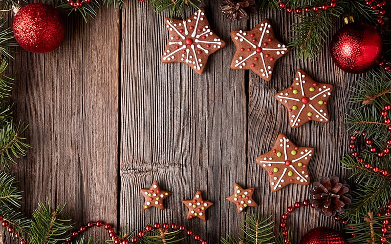 Merry Christmas!, deco, moon, craciun, christmas, food, sweet, dessert, card, cookies, moon, star, wood, HD wallpaper