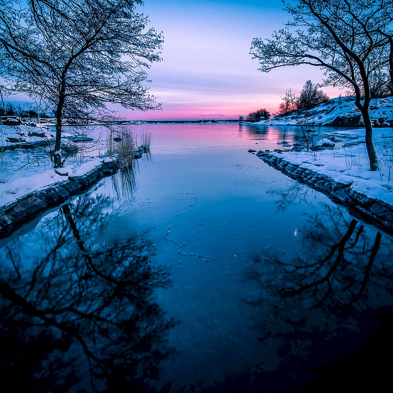 lake, sunset, horizon, winter, HD phone wallpaper