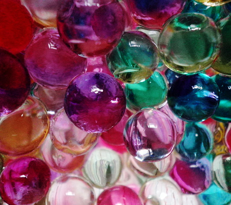 Bubbles, balls, glass, green, marbles, pink, purple, rainbow, HD wallpaper
