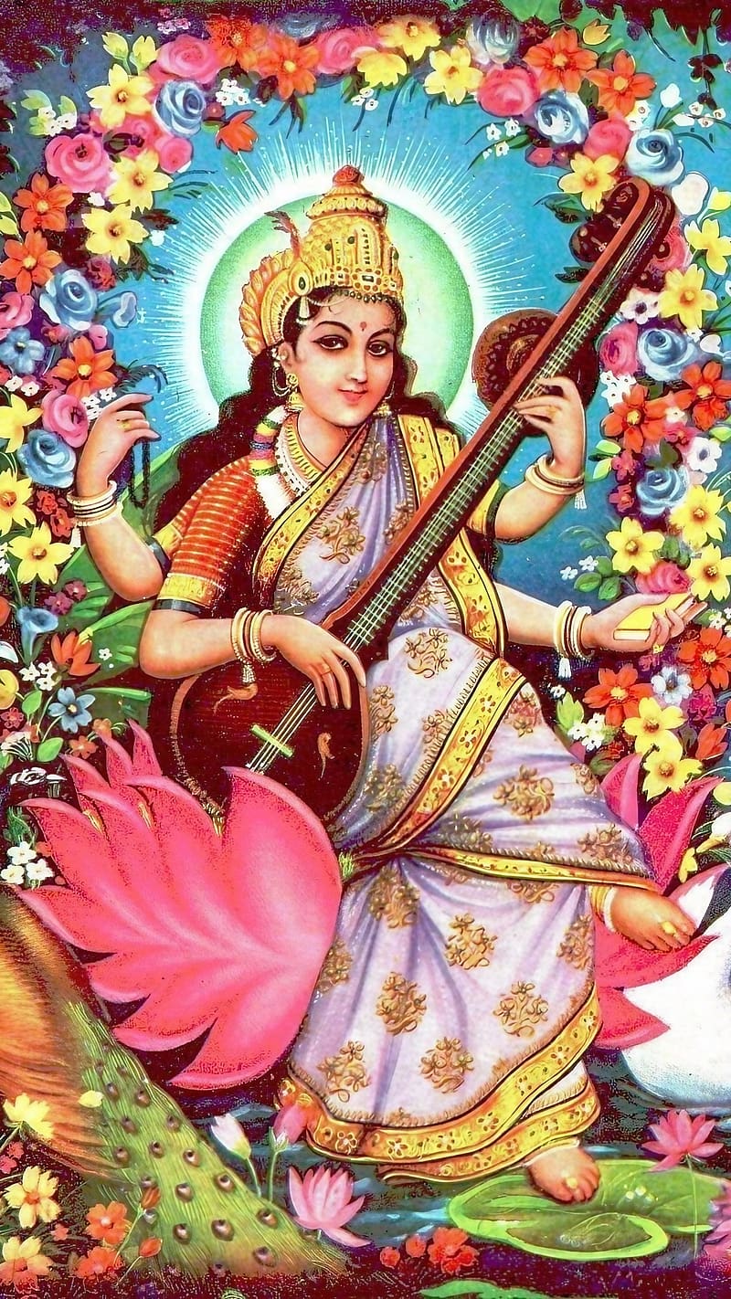 Saraswati Puja, Flowers Background, maa saraswati, goddess, HD phone wallpaper