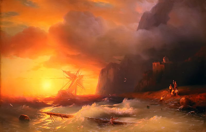 sunset, storm, rocks, oil, salvation, painting, Aivazovsky Ivan, korablekrushenie, sea - sea for , section живопись, HD wallpaper