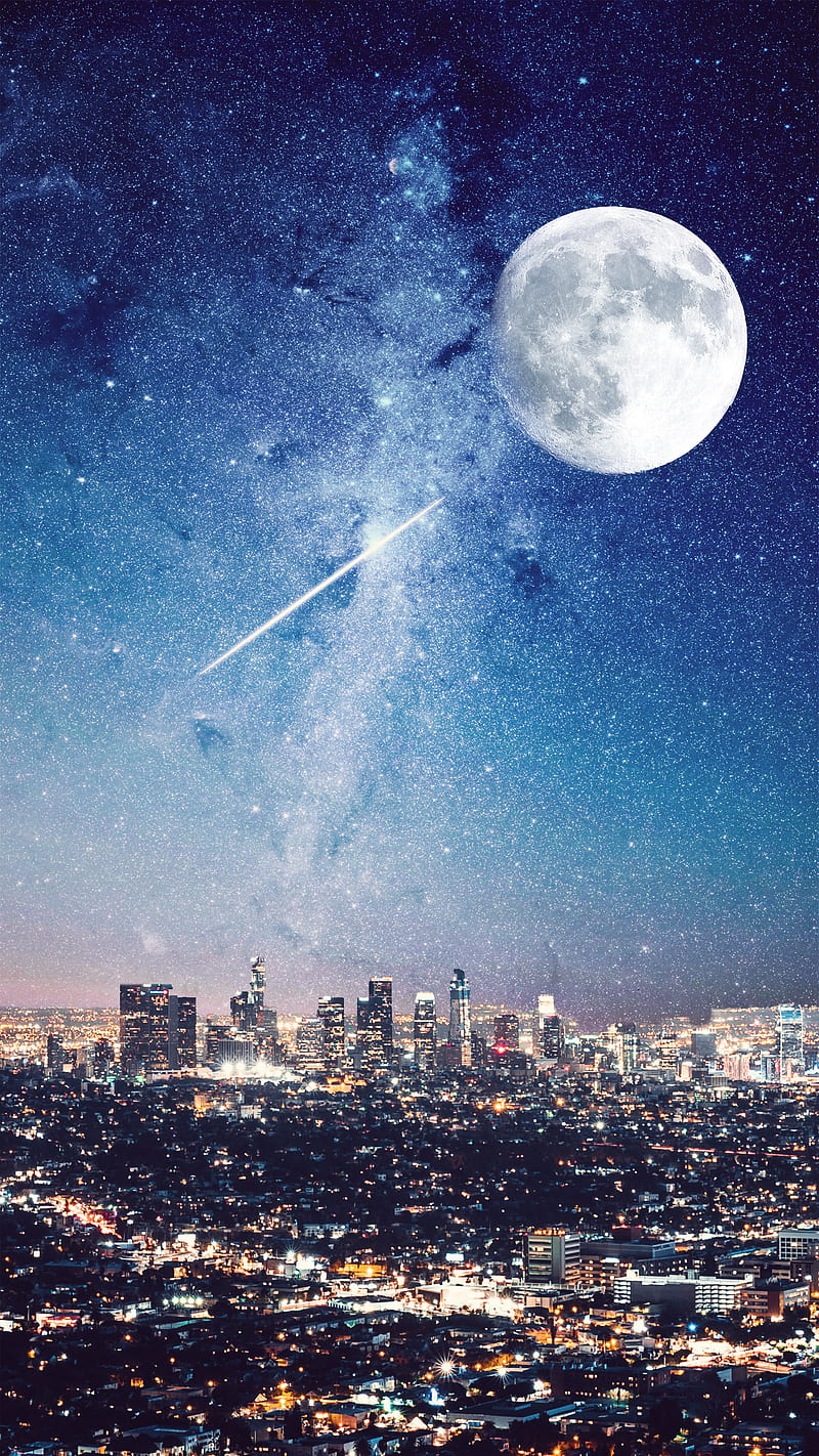 Milky way, stars, city, lights, night, aerial view, dark, HD phone wallpaper