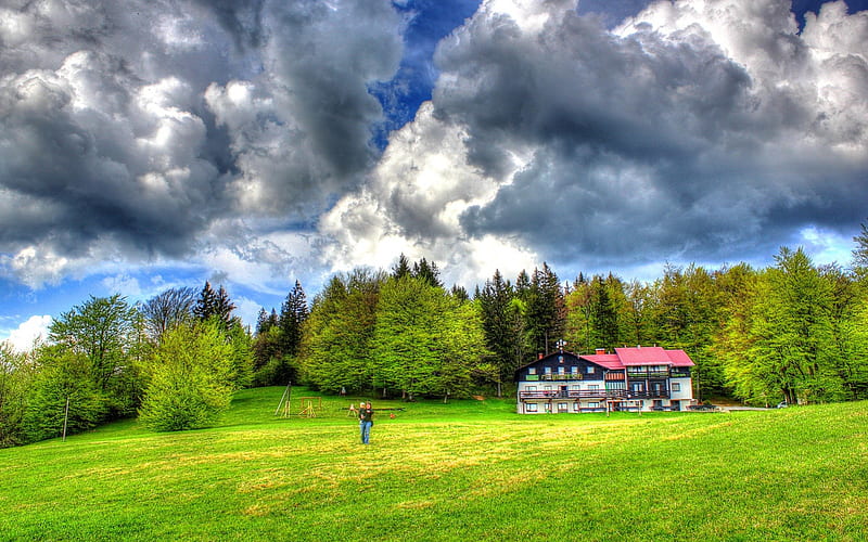 beautiful country home r, forest, mother daughter, house, r, clouds, meadow, HD wallpaper
