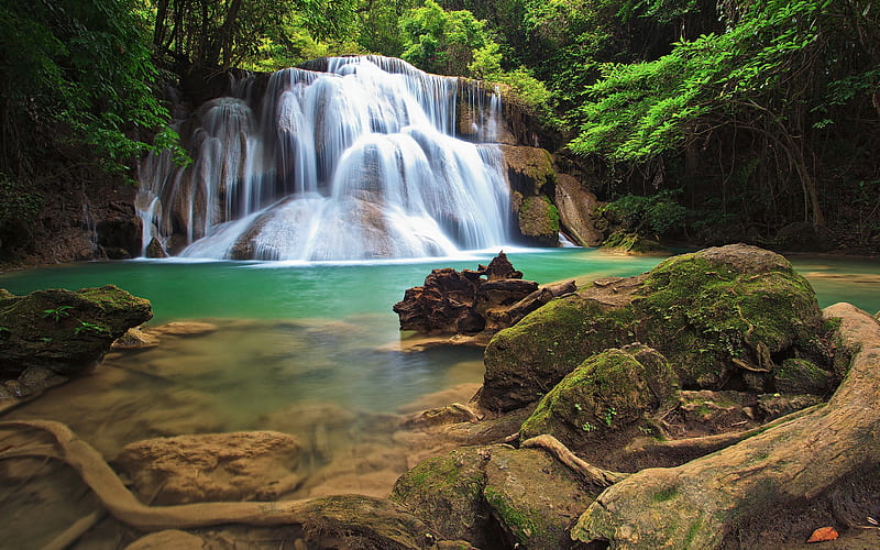 Beautiful waterfall, turquoise lake, rainforest, jungle, waterfalls,  Thailand, HD wallpaper | Peakpx