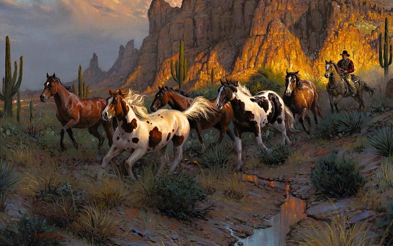 desert muster, mountain, desert, cowboy, horse, HD wallpaper