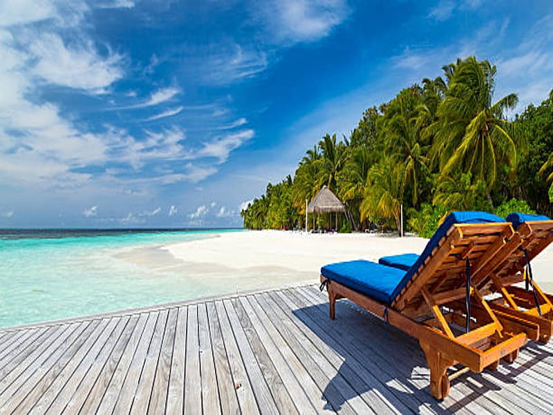 Deckchairs on the beach, Relaxing, Jetty, Resort, Luxury, HD wallpaper