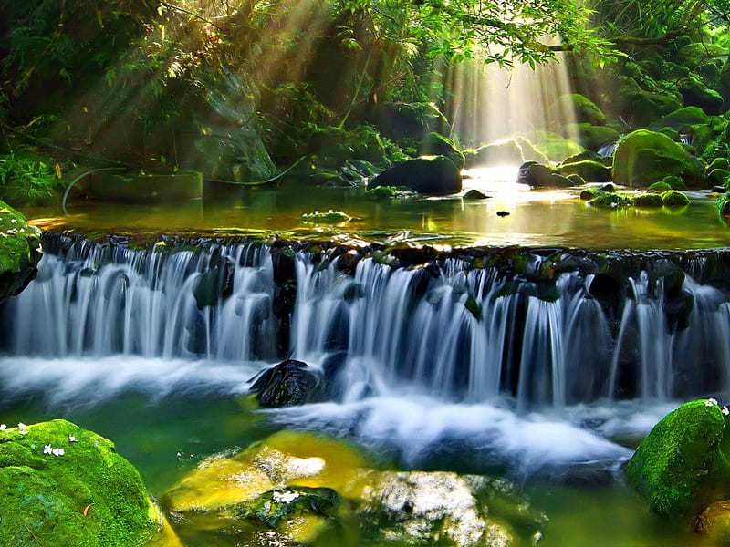 Beautiful waterfall, stream, fall, glow, sun, falling, calm, sun stream ...