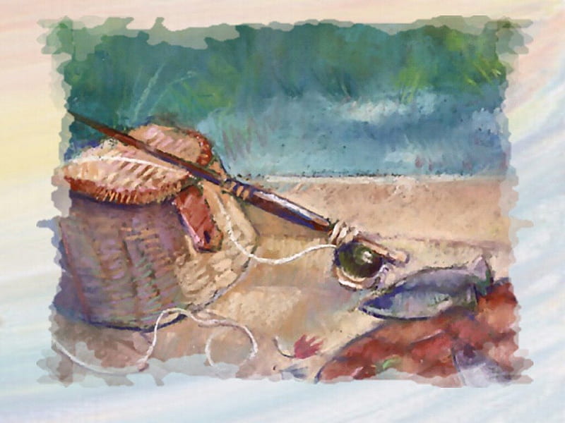 Fishing Creel, art, creel, fish, painting, pole, artwork, fishing, HD wallpaper