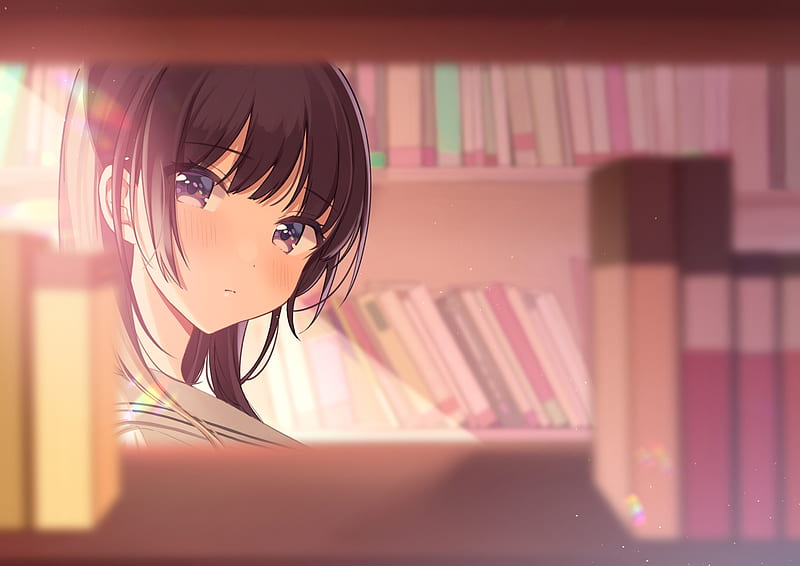 anime girl, library, brown hair, books, Anime, HD wallpaper