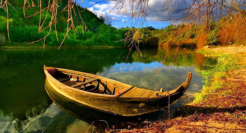 Boat on lakeshore, riverbank, shore, lovely, bonito, emerald, lonely ...