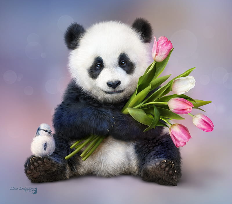 Spring panda, spring, lalele, cute, elena roslyakova, panda, fantasy, urs, flower, primavara, white, pink, tulip, bear, superb, gorgeous, alenaekaterinburg, luminos, black, bird, pasari, HD wallpaper