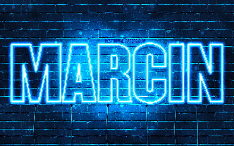 Marcin with names, Marcin name, blue neon lights, Happy Birtay Marcin, popular polish male names, with Marcin name, HD wallpaper