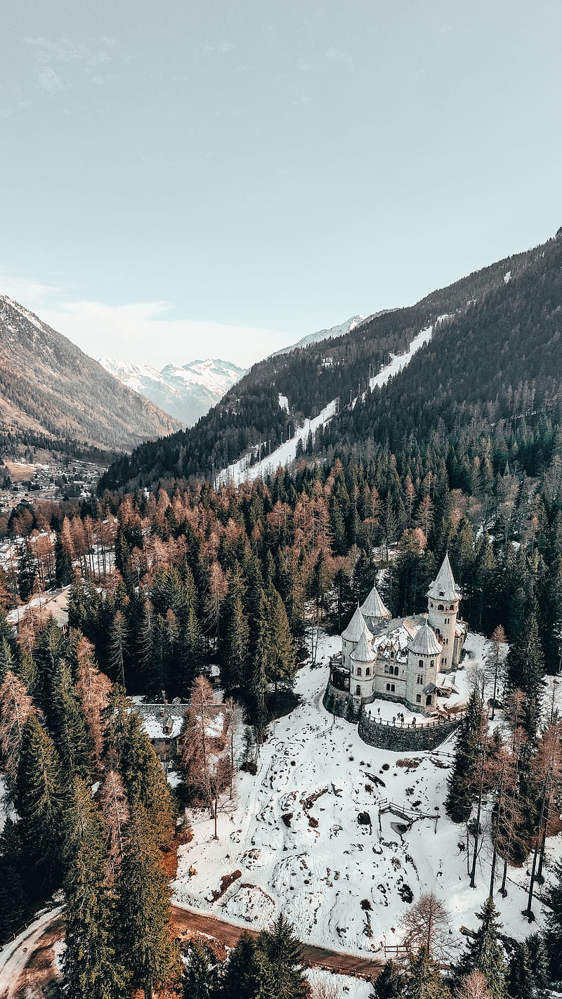 castle, aerial view, winter, snow, trees, forest, italy, HD phone wallpaper