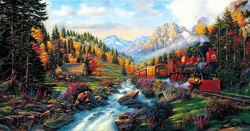 Autumn Run, train, mountains, painting, railways, river, artwork, HD wallpaper