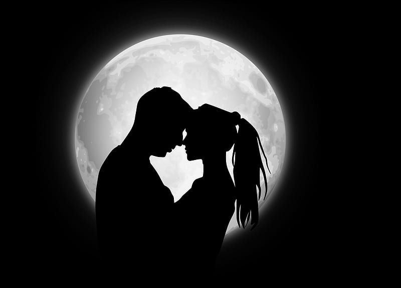 Lovers, luminos, moon, full, black, man, valentine, silhouette, kiss, moon, girl, white, couple, HD wallpaper
