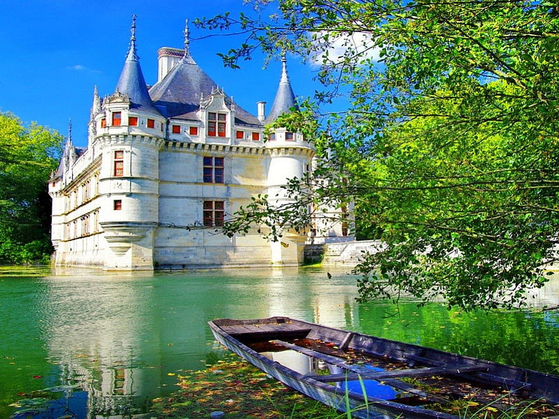 Pictorial scene with castle and boat, pictorial, pretty, grass, bonito, nice, boat, reflection, scenery, blue, lovely, clear, emerald, country, sky, lake, pond, tree, summer, crystal, nature, castle, branches, scene, HD wallpaper