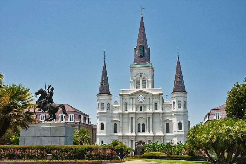 Jackson Square and Saint Louis Cathedral, building, architecture, religious, skynature, church, trees, HD wallpaper