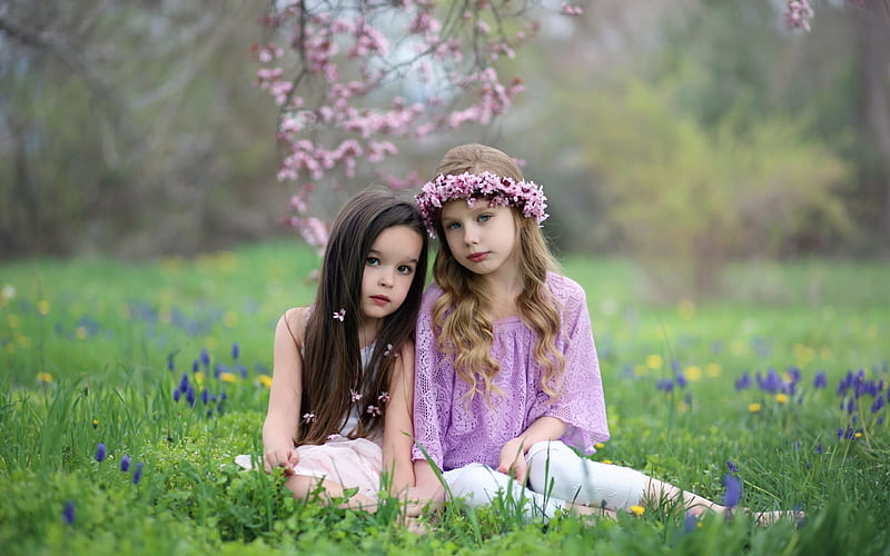 Littles Girls, spring time, girl, garden, nature, lawn, mood, HD wallpaper