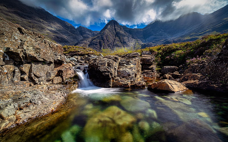 The fairy pools, Isle of Skye, Scotland, mountains, stones, water, cascade, clouds, sky, HD wallpaper