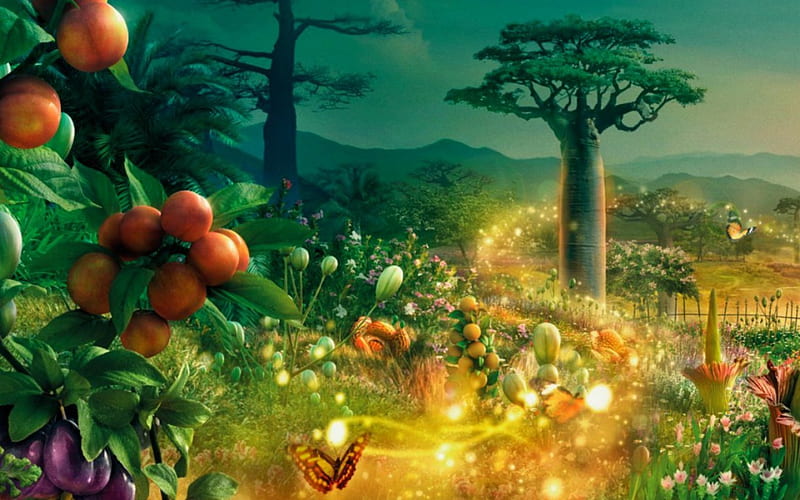 Fantasy Land, tree, fantasy, fruits, landscape, HD wallpaper