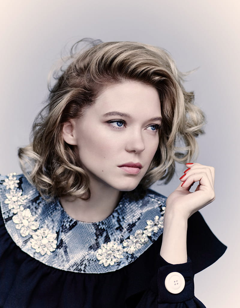 Cute playful young woman, bob styled hair, detailed, fur coat, nature,  flowers, realistic, a mix between ella freya and lea seydoux