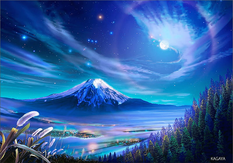 Treasure Night, art, stars, moon, mt fuji, clouds, volcano, sky, HD wallpaper