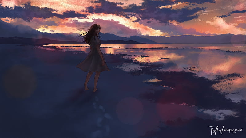 Anime, Girl, Lake, Original (Anime), Sunset, HD wallpaper