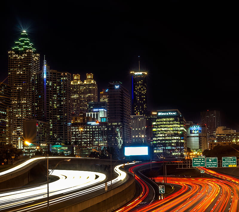 Night Atlanta, city, highway, house, lights, street, usa, HD wallpaper