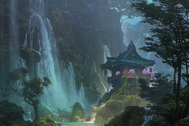 Temple, fantasy, christian dimitrov, art, luminos, waterfall, HD wallpaper