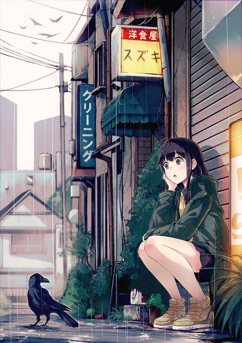 anime, anime girls, raven, rain, skirt, long hair, black hair, brown eyes, HD phone wallpaper