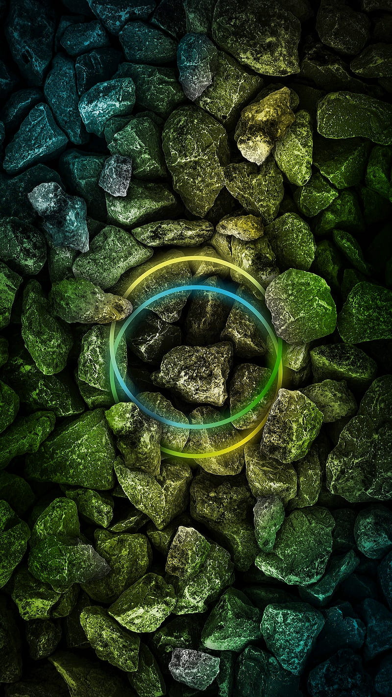 Green stones, circles, light, nature, neon, pebbels, yellow, HD phone wallpaper