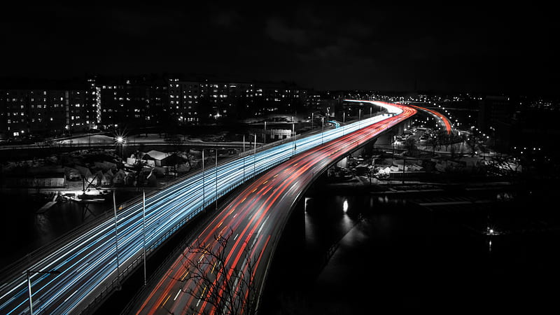 Stockholm Highway Speed Trails Lights, long-exposure, trails, highway, bridge, graphy, HD wallpaper