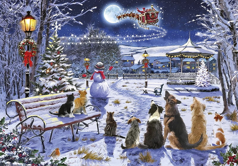 Magic by moonlight, dogs, sleigh, santa, christmas, snow, houses, painting, trees, HD wallpaper