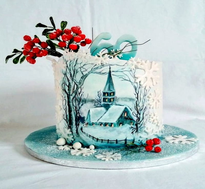 Winter Church Cake, Cake, Red, Church, Berries, Winter, HD wallpaper