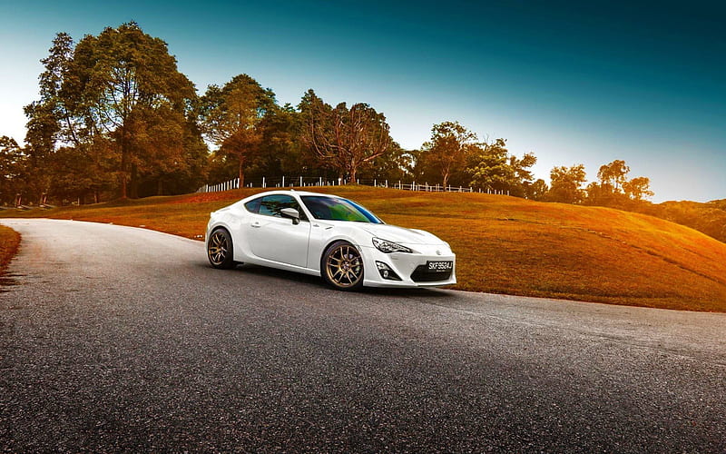 road, supercars, 2015, toyota gt86, white toyota, sunset, HD wallpaper