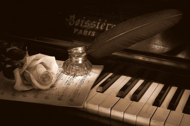 Vintage Still Life, ink, rose, time, objects, old, piano, still life, pencil, feather, flower, artifacts, vintage, HD wallpaper