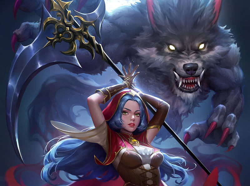 Red Riding Hood and Big Bad Wolf, red, qifan luo, fantasy, girl, lup, wolf, red riding hood, blue, HD wallpaper