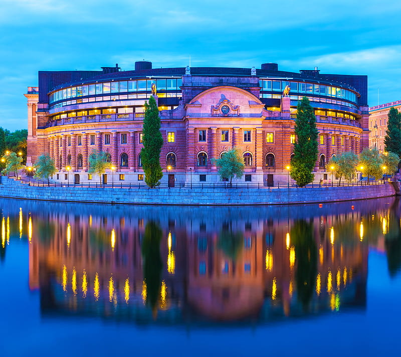 Stockholm, architecture, buildin, night, parliament house, sweden, HD wallpaper