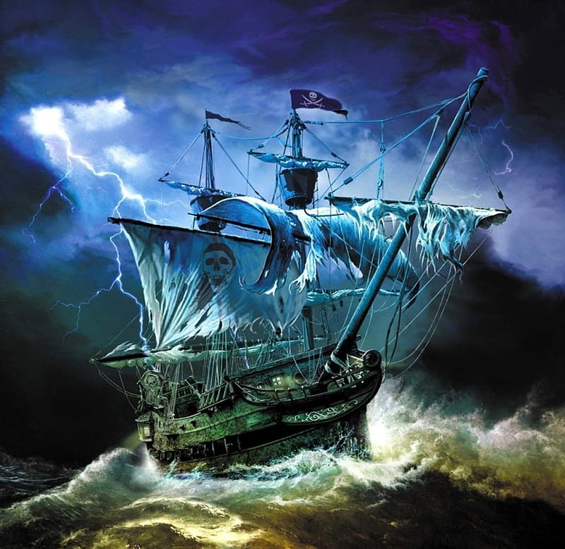 Dark storm over the ocean, pirates, colorful, head, ocean, bonito, storm, flag, pirat, water, splendor, ship, painting, magical, skull, HD wallpaper