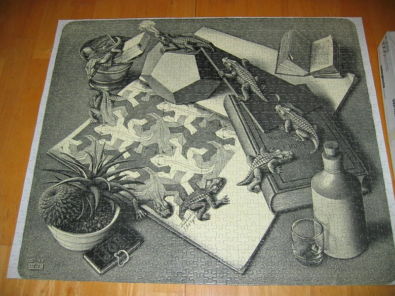 M C Escher, eye teaser, illusion, crocodiles, HD wallpaper