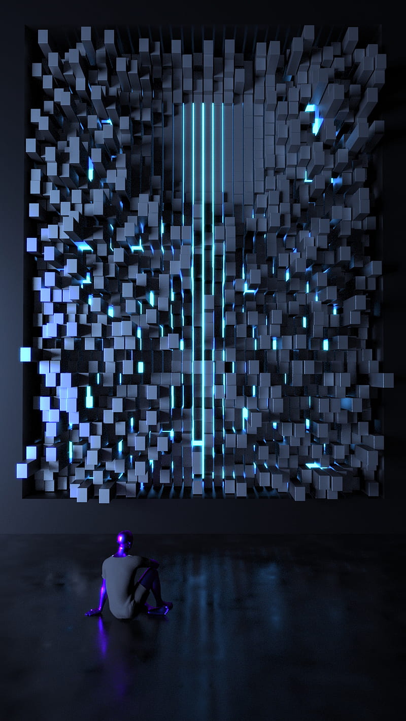 Cube Exhibit, 3d, Karan, abstract, blue, cool, funky, glow, neon, portal, purple, retrowave, HD phone wallpaper