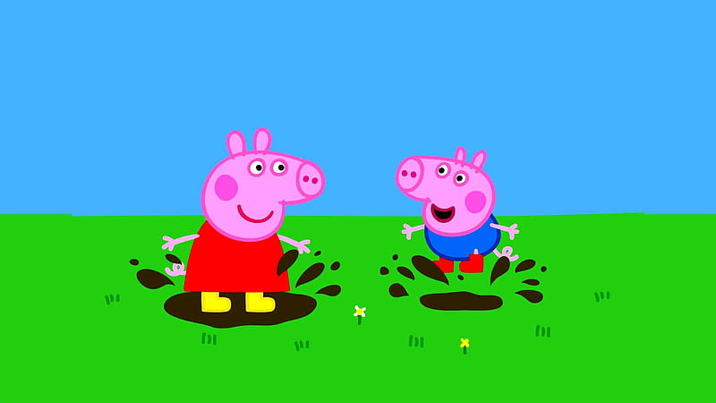 peppa pig and george pig are playing with sludge in blue background anime, HD wallpaper