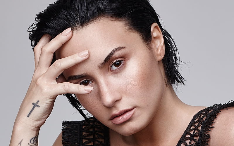 Demi Lovato, American singer, brunette, portrait, make-up, HD wallpaper