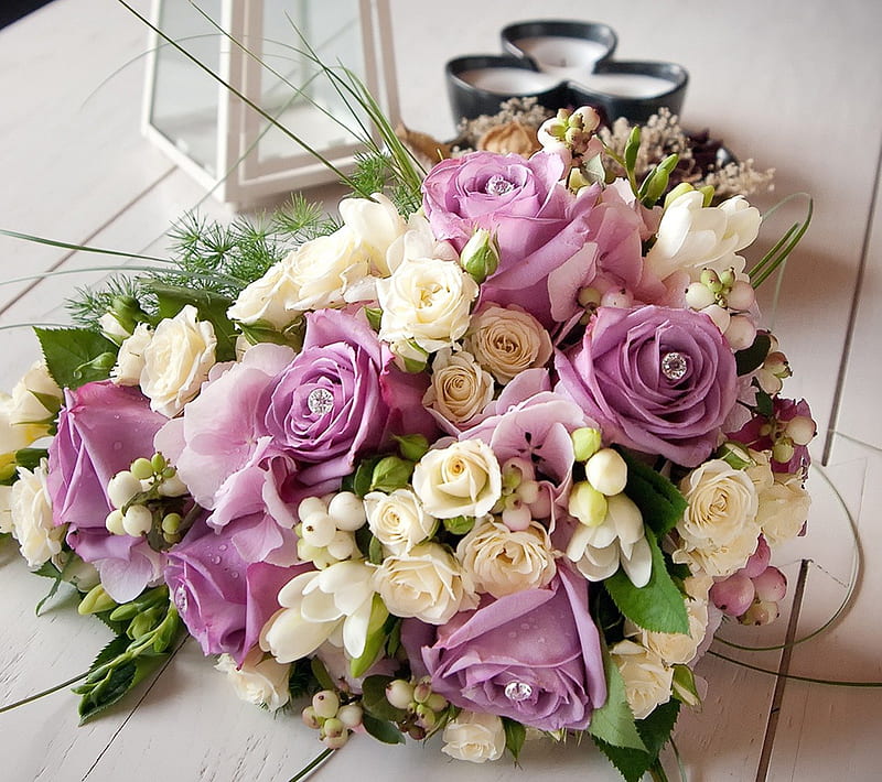 Wedding bouquet, candle, roses, wedding, special days, purple, bouquet, flowers, arrangement, white, HD wallpaper