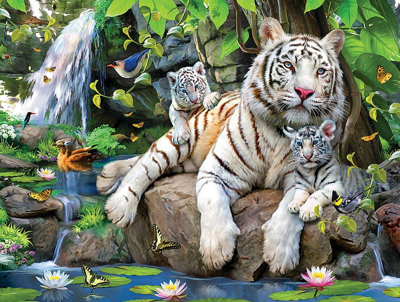 Tigers, family, art, tiger, animal, fantasy, lumino, summer, cub, tigru, white, HD wallpaper