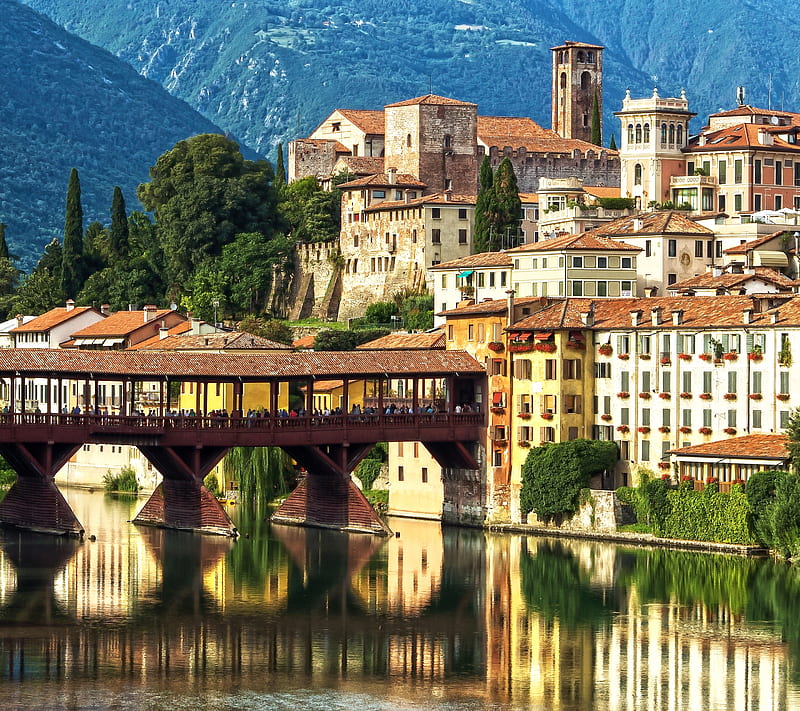 Pontar, bridge, building, euro, europe, forest, italian, lake, river, HD wallpaper