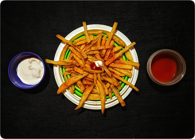 French fries, ketchup, mayonnaise, munchies, nachos, potato, sauce, snacks, spicy, tasty, HD wallpaper