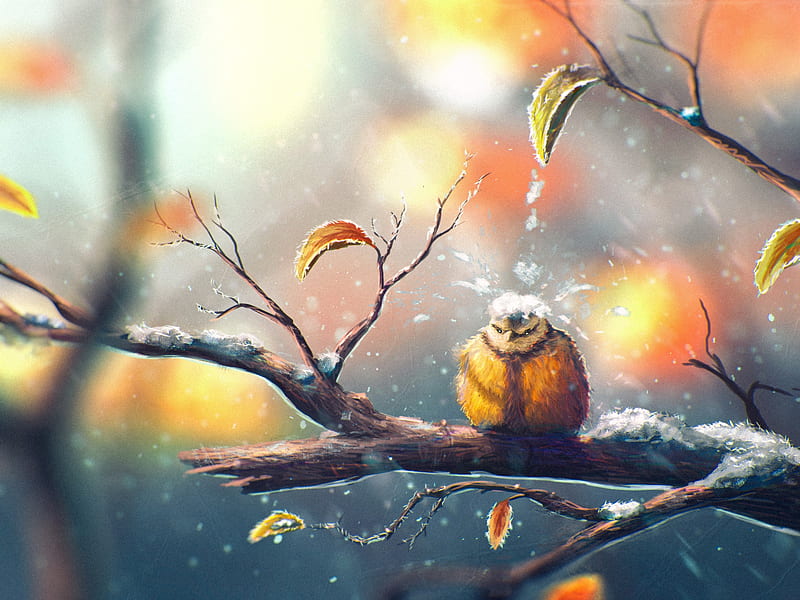 #birds, #Sylar, #leaves, #titmouse, #nature, #snow, #fall, #winter, #animals, #drawing, - Rare Gallery, Autumn Drawing, HD wallpaper