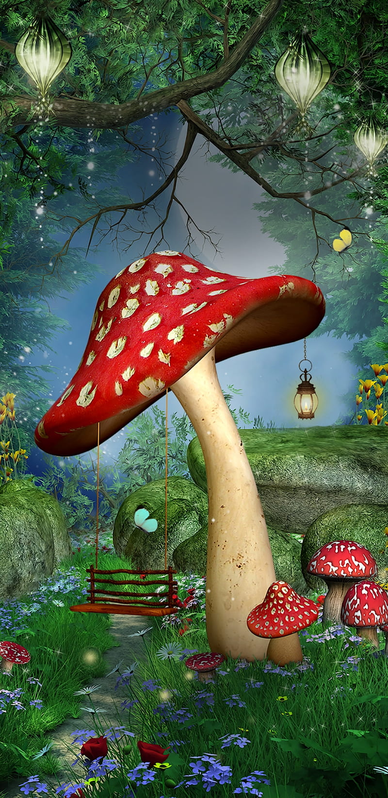 Fairyland, butterfly, cute, girly, mushroom, pretty, HD phone wallpaper