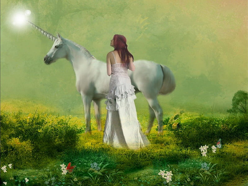 Last of the Wilds, lady, horse, green, unicorn, HD wallpaper